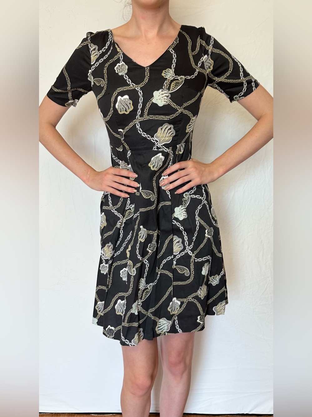 People Tree Black V-Neck Short Sleeve Chain & Floral Print Dress